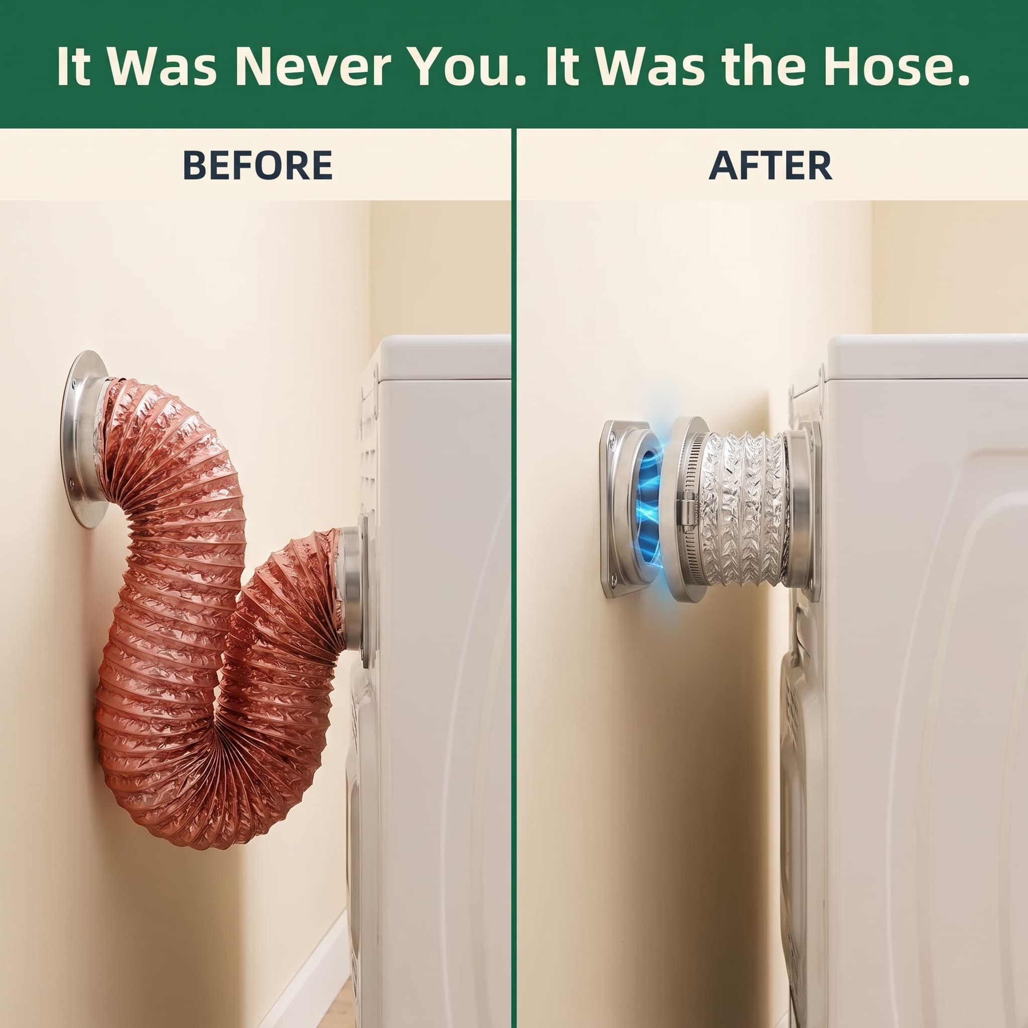 Before and after: a crushed foil hose forcing the dryer off the wall, versus the dryer sitting flush with the Vavren coupling. It was never you — it was the hose.