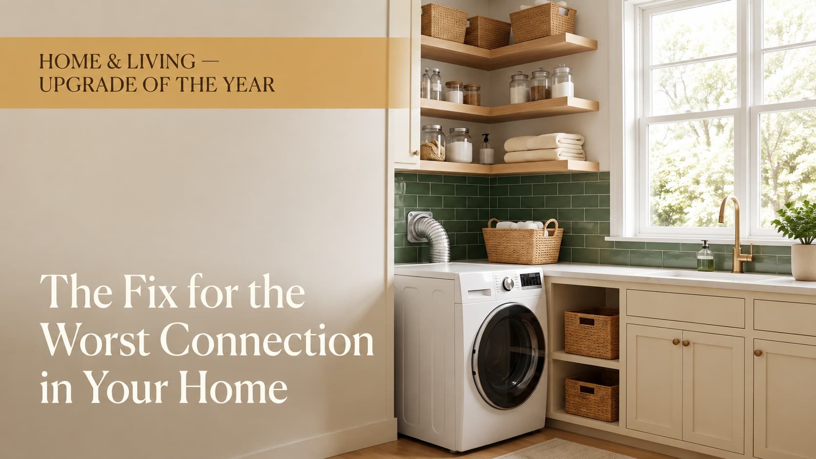 A bright, organized modern laundry room with a dryer sitting flush against the wall — the fix for the worst connection in your home.