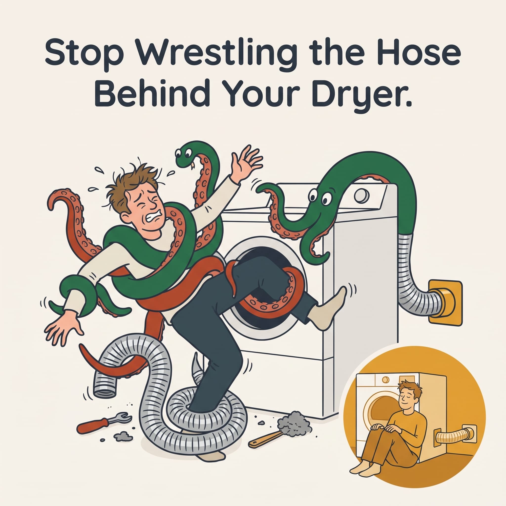 Playful illustration of a homeowner tangled up wrestling the dryer hose like an octopus, with a calm inset of someone relaxed beside a flush dryer.