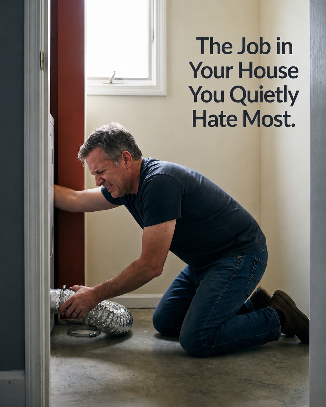 A homeowner on the floor, arm wedged into the cramped gap behind the dryer, wrestling a stiff vent hose.