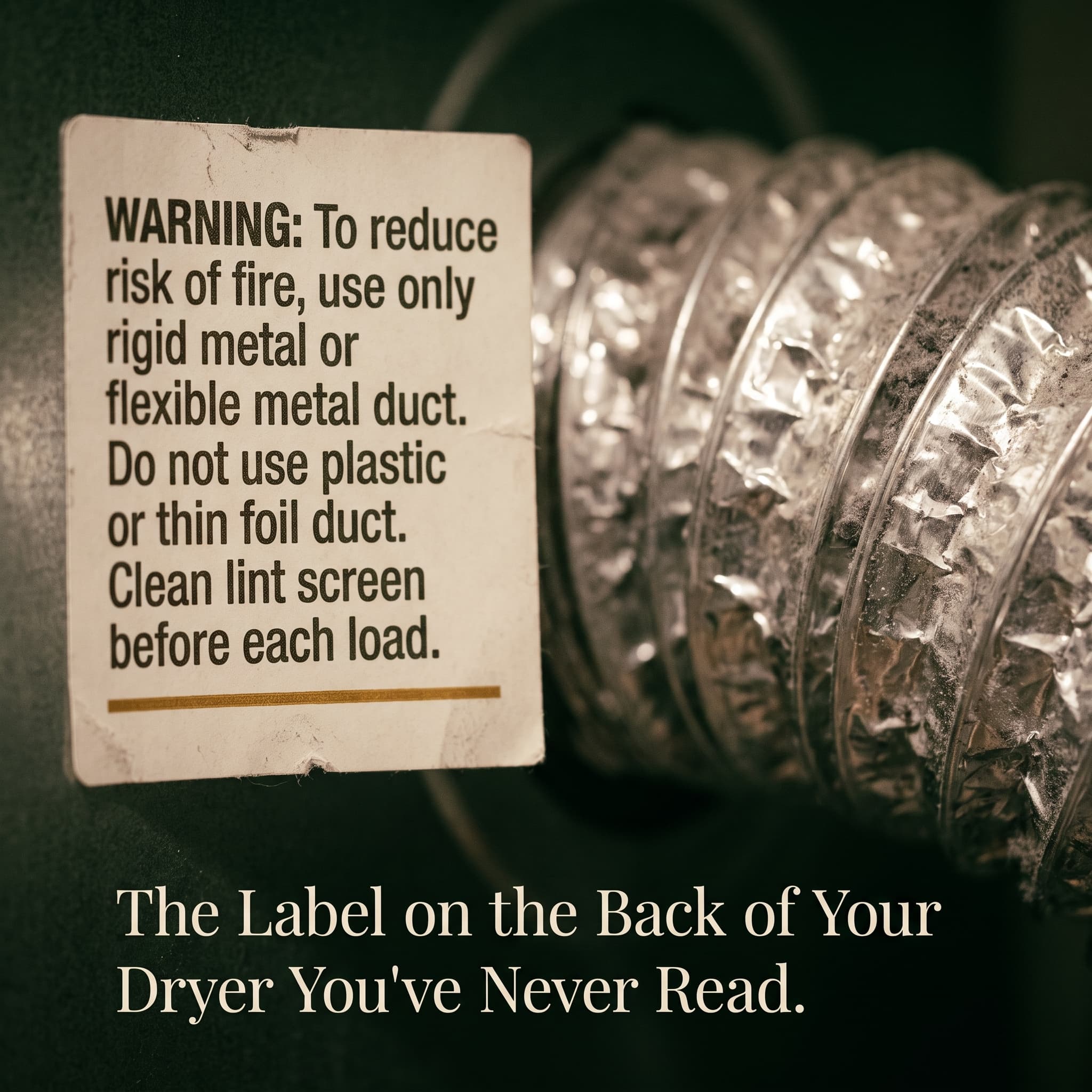 Close-up of the warning label on the back of a dryer telling owners not to use thin plastic or foil venting, beside a lint-filled foil hose.