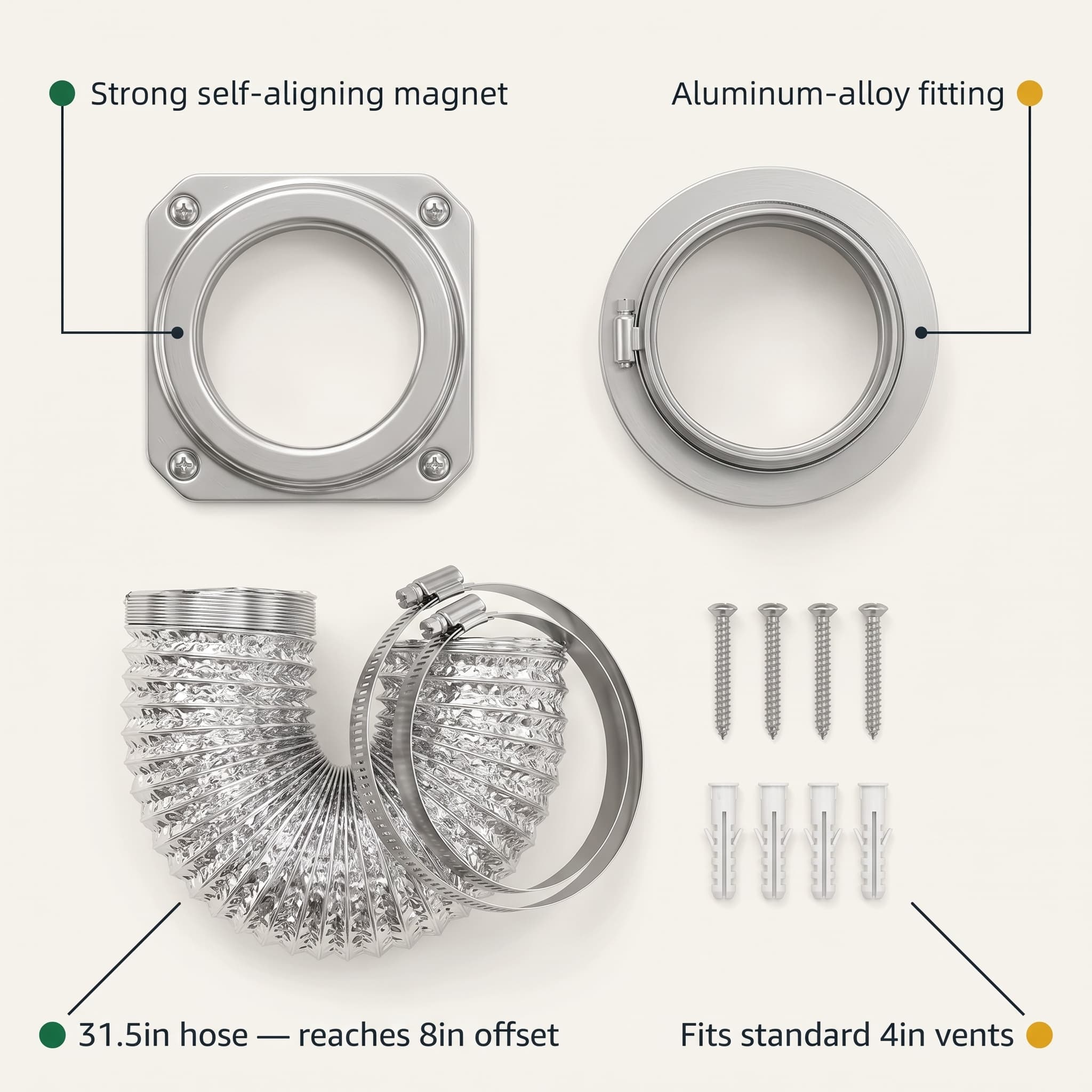 The full Vavren kit laid out and labeled: strong self-aligning magnet, aluminum-alloy fitting, 31.5-inch hose that reaches an 8-inch offset, screws and anchors, fits standard 4-inch vents.